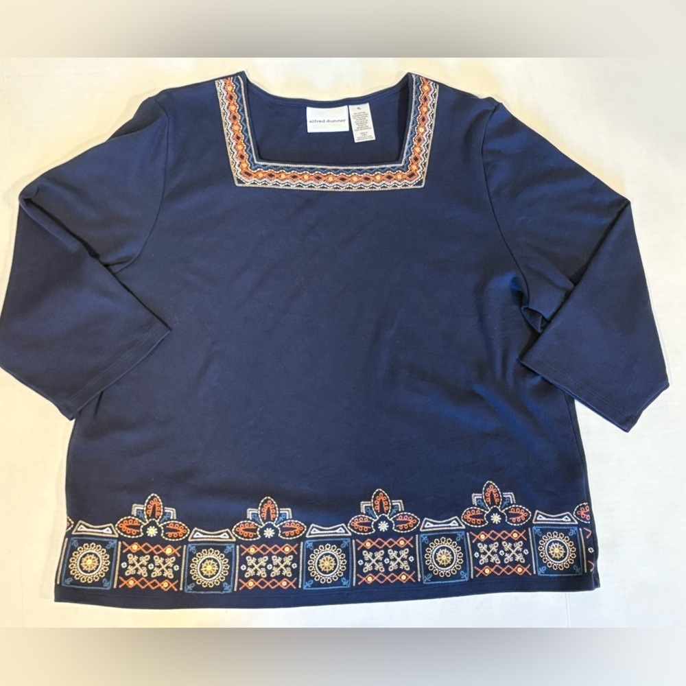 Alfred Dunner navy blue 3/4 sleeve embroidered blouse size XL - Picture 6 of 6